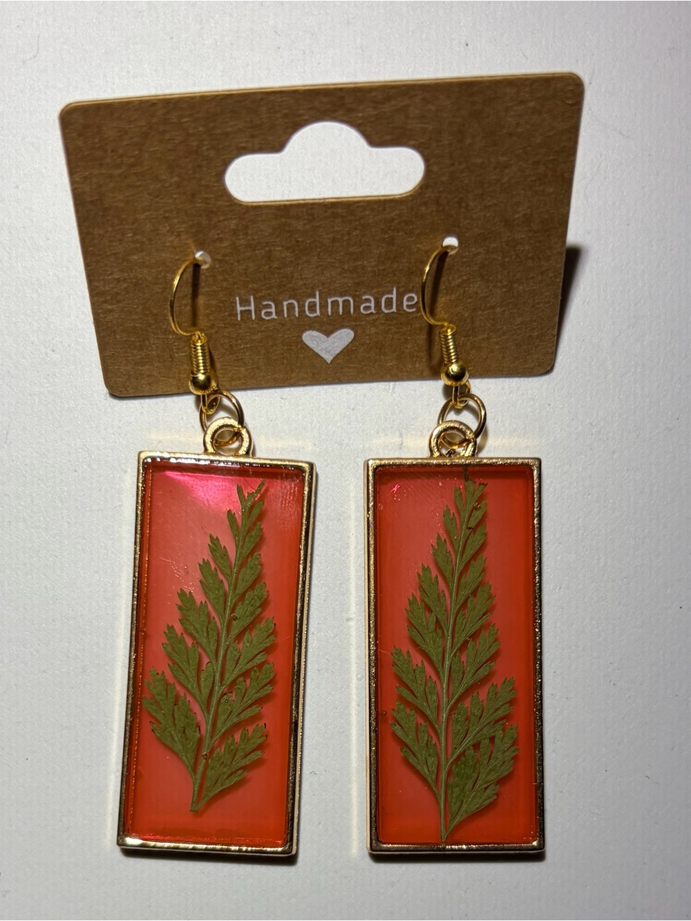 Handmade Gold-Edged Coral Resin Leaf Drop Earrings